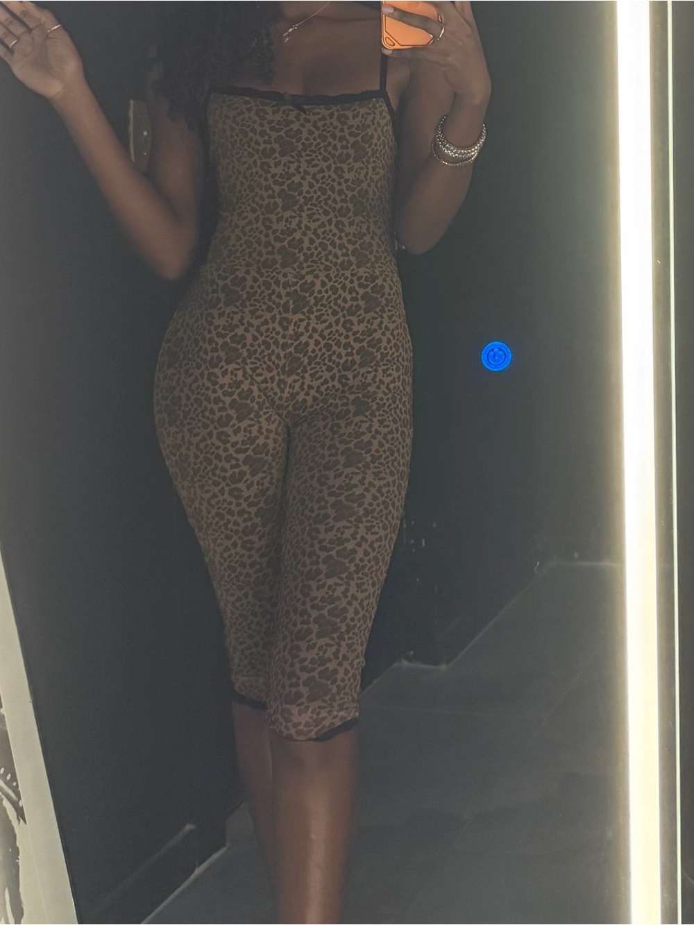 SHEIN Brown Leopard Print Girls' One-Piece Bodysuit with Black Straps